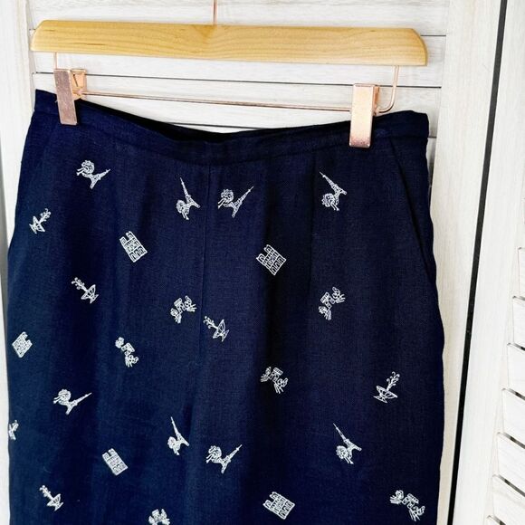 Talbots Irish Linen Paris Embroidered Trouser Pants Blue 6 Eiffel Tower - Picture 4 of 14